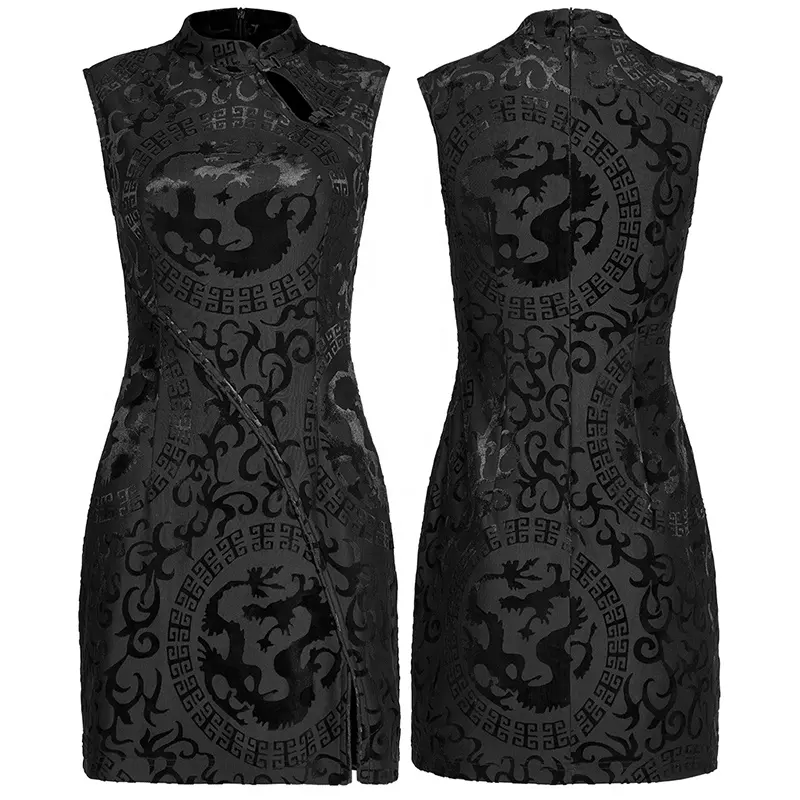 PUNK RAVE OPQ-1219LQF Sexy Sleeveless Slit Dress Burnt-flower Chinese style dragon totem pattern mini wrap dress