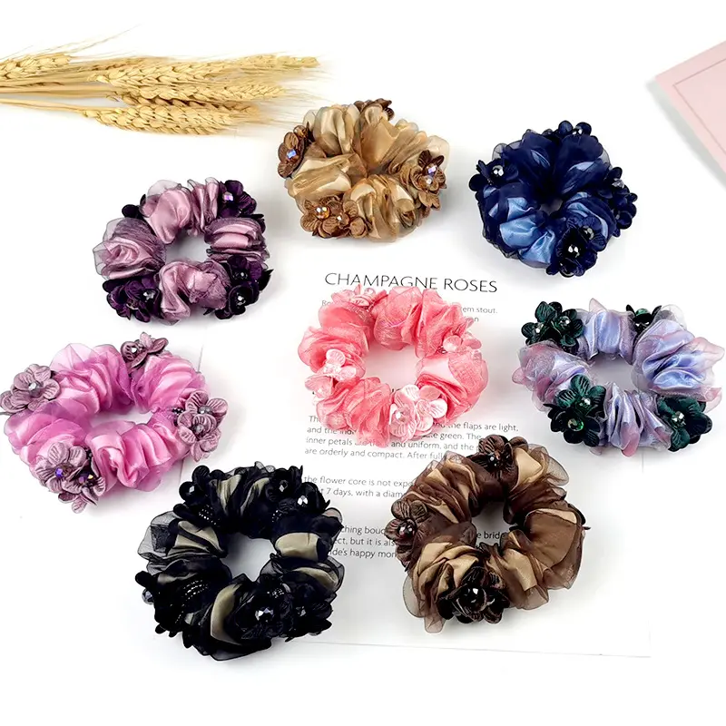 Nieuwe Collectie Chique Organza Mesh Bloem Scrunchies Volwassen Strass Haar Scrunchies Haaraccessoires Voor Dames