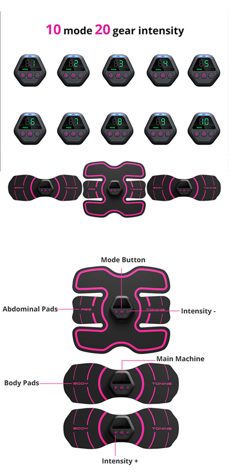 Rechargeable Electric Ems Tens Unit Set Arm Muscle Abdominal Abdomen Training Device Trainer Belt Stimulator With App Controller
