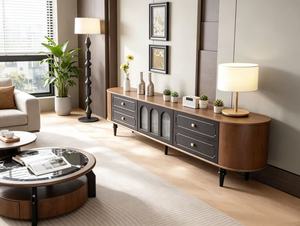 Meuble TV de style mid-century modern avec structure en bois massif et rangement dissimulé pour le salon - Product Image 1