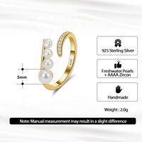 Nouveauté - Bijoux vintage - Plaqué or 14 carats - Argent sterling 925 - Zircon CZ 4A - Perle d'eau douce - Bague ouverte réglable pour femmes