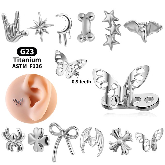 F136 Titanium Dermal Implant Studs, Butterfly, Spider, Moon, Octagram, G23 Titanium Dermal Anchors