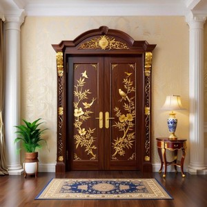 Porte principale à double ouverture de <span class=keywords><strong>château</strong></span> sculpté classique de style européen, entrée d'église, porte solide arquée en teck - Product Image 6