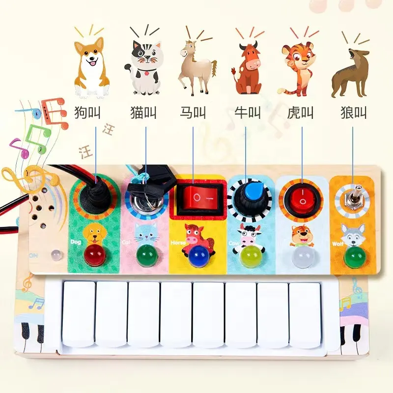 C02070 Juguete de madera para niños, órgano electrónico multifuncional, música, juguete para perros, tablero electrónico ocupado, juguetes con 6 interruptores de luz LED