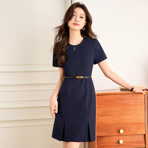 Elegant Pencil Dress Short Sleeve O-Neck Solid Color Professional Career Dress With Belt Forked Hem Grey Black Navy Blue - Product Image 2