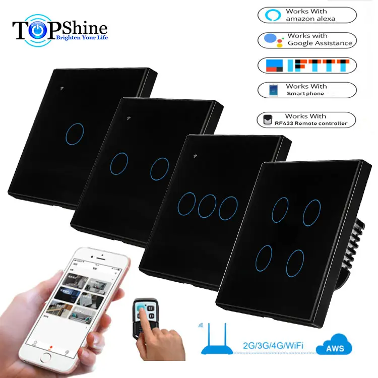 Topshine EU UK 1 2 3 4 gang bound glass panel wifi rf remote touch switch compatible with google assistant for voice control