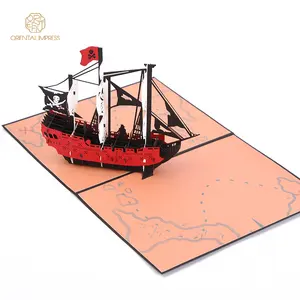 2024 Creative 3D Pirate Ship Laser Cut Pop Up Tarjetas de felicitación de papel plegables