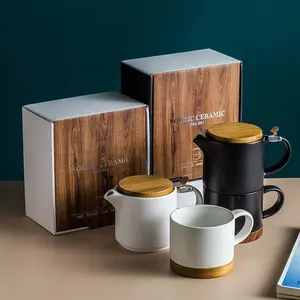 북유럽 골동품 디자이너 나무 커버 커피 세라믹 차 컵 냄비 선물 상자 세트