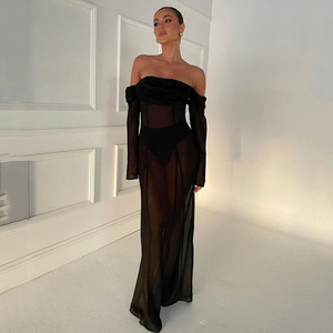 Off The Shoulder Strapless Long Dress Sheer Long Sleeve Translucent Cocktail Dress For Women Autumn Fashion - Product Image 4