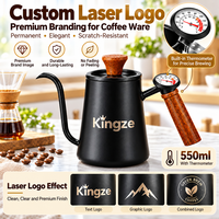 Bouilloire à café à bec de cygne Kingze avec logo personnalisé, 550 ml, en acier inoxydable 304, avec thermomètre, ODM OEM
