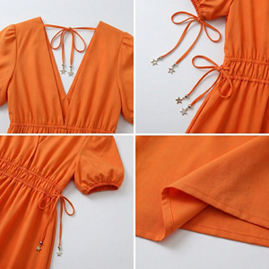 Vestido Maxi Naranja Brillante de Diseño Original para Mujer, Elegante <span class=keywords><strong>con</strong></span> Cuello en V Profundo y Mangas Abullonadas, Vestidos de Verano de Lujo Personalizados para Damas, OEM - Product Image 3