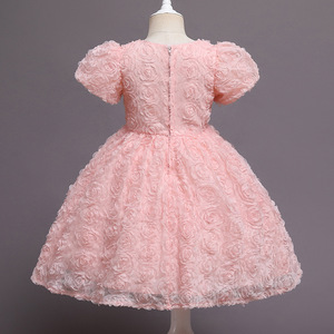Robe de princesse pour filles, rose, broderie 3D de roses, tulle, coupe trapèze, col rond, costume d'anniversaire pour demoiselle d'honneur - Product Image 4