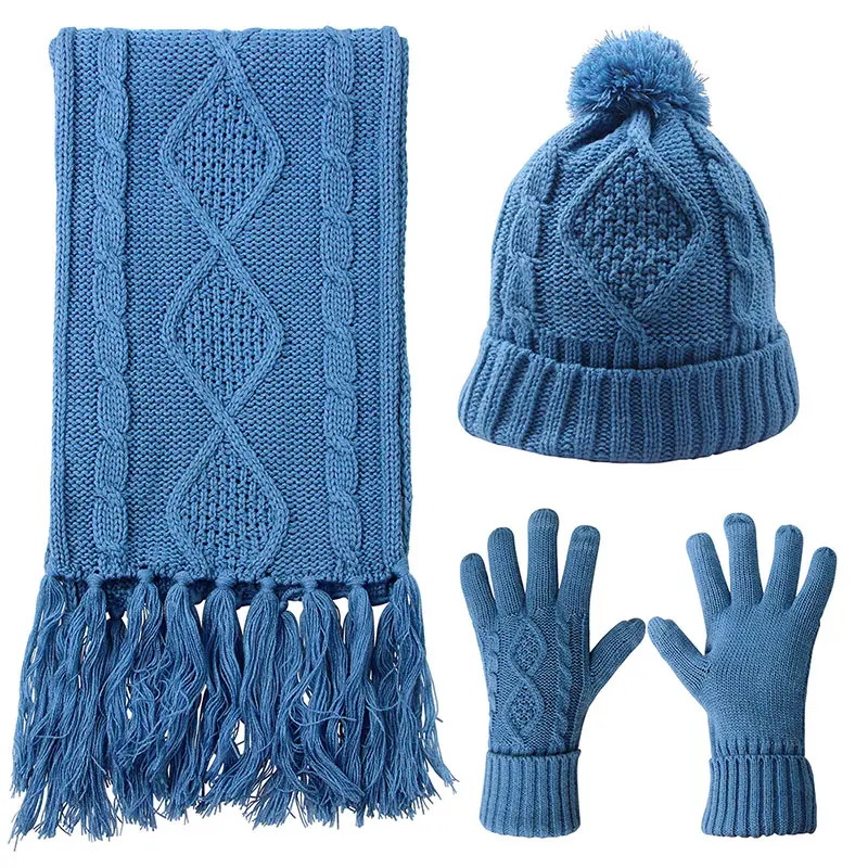 Fabricante de prendas de punto Logotipo personalizado Cable Knit Mujeres pompón sombrero y bufanda guantes Conjunto Mujer invierno bufanda, sombrero y guantes conjuntos