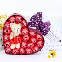 Coffret Cadeau Rose Savon en Forme de Cœur Romantique, Ensemble de Fleurs Artificielles avec Ours en Peluche pour la Saint-Valentin – Vente en Gros