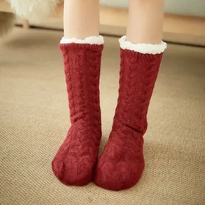 Dh Design — chaussettes en laine thermique pour femmes adultes, câble doublé, tricot pantoufles épaisses, bottes avec poignée