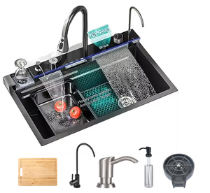 Évier de cuisine moderne en acier inoxydable intelligent de luxe à <span class=keywords><strong>cascade</strong></span> nano noir à cuve unique <span class=keywords><strong>avec</strong></span> robinet et vanne en laiton - Product Image 2