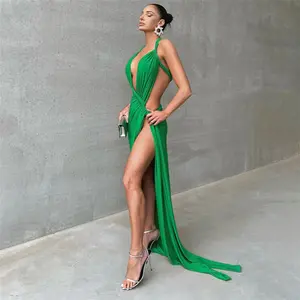 Enyami gaun malam seksi tanpa lengan hijau Halter desain berlubang pesta elegan gaun Maxi wanita belahan Chic