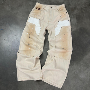 Custom PU Patch Double Knees Retro Vintage Distressed <b>Work</b> Trousers Wide Leg Carpenter Vintage Wash Splatter Paint <b>Cargo</b> <b>Pants</b> - Product Image 1