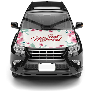 Funda para Capó de Coche con Bandera, Decoración para Bodas, Funda para Capó con Impresión por Sublimación 120x150cm, Bandera Personalizada para Capó de Coche 'Acabamos de Casarnos' - Product Image 1