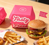 Caja para Hamburguesas Desechable de Papel Rosa Tipo Concha para Comida Rápida, Envase para Comida para Llevar de Restaurantes