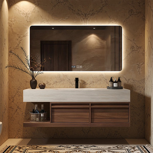 Ensemble de meubles de salle de bain suspendus au mur en bois de noyer moderne, avec miroir intelligent à LED et plan de lavabo en travertin - Product Image 2