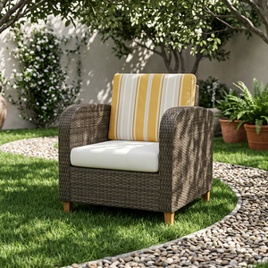 Outdoor Wood Garden <b>Chair</b> with Yellow Striped <b>Cushion</b> Contemporary Design Durable Frame Turned Legs for Living Room & <b>Dining</b> - Product Image 5