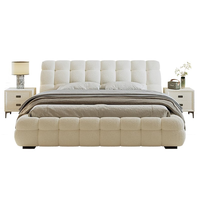 Lit rembourré moderne en bois massif, avec rangement, finition crème, luxe, tailles double/king size