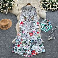 Robe midi décontractée pour femme WIWT à manches longues, col montant, imprimé floral, coupe trapèze avec ceinture, pour le quotidien