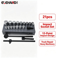 Jeu de douilles à chocs ELEHAND de 21 pièces avec douilles métriques à 12 points, barres d'extension, poignée à cliquet et coffret métallique pour la réparation de camions