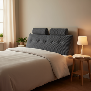 Almohada de cama tamaño Queen con cabecero tipo cuña, tela de franela gris lavable, para lectura y descanso, con 2 bolsillos laterales y 2 reposacabezas - Product Image 2