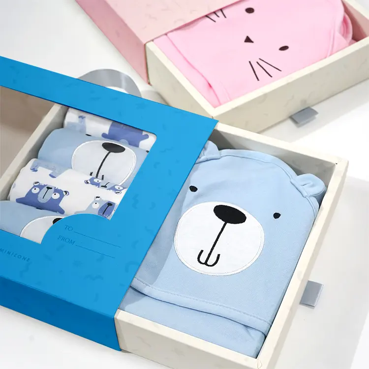 Cajas de embalaje de ropa de bebé, diseños personalizados, color rosa y azul mate, papel de embalaje de regalo, venta al por menor de lujo, con logotipo