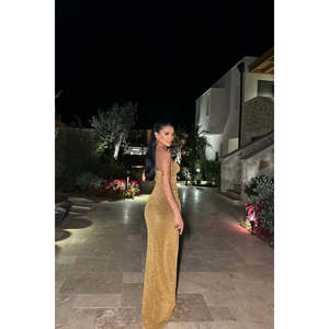 ชุดราตรีผ้าซาตินสีทองแบบดีไซน์หรูหรา คอสูง ประดับเลื่อมและลูกปัด ทรงบอลกาวน์ ไม่มีสายรัดไหล่ ยาวลากพื้น มีจำหน่ายตั้งแต่ไซส์ XS ถึงไซส์พลัส - Product Image 1