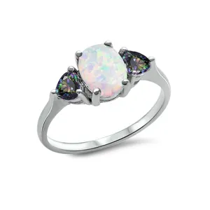 Argent Jewelry Three Stone Rainbow Topaz Oval Engagement White Fire Opal 925 Sterling Silver Ring