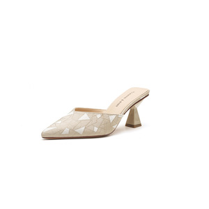 Korean Style <b>Pointed</b> <b>Toe</b> <b>Mules</b> PU Leather Summer Heeled Slides Women's Shoes 6777-2 Height Increasing - Product Image 5