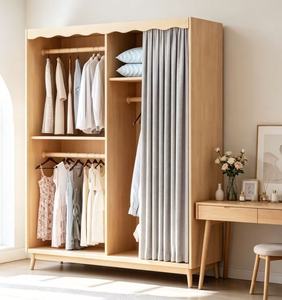 Armoire en bois moderne avec porte coulissante en tissu, grande capacité de rangement pour vêtements, style scandinave pour chambre à coucher - Product Image 1