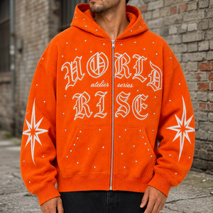Sweat à capuche zippé orange avec strass, broderie de lettres gothiques, manches étoilées, en coton épais, coupe oversize, streetwear personnalisé pour homme - Product Image 1