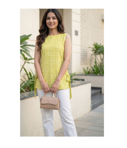 best Selling Women Checked Kurti Cotton Stylish Summer Casual Ethnic Wear <b>Top</b> Lightweight Daily Tunic Bulk Order Supplier - Product Image 1