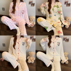 <span class=keywords><strong>Pyjama</strong></span> pour adolescente, vêtements de nuit pour femmes, deux pièces, cardigan à col rabattu, vêtements de maison, ensemble de <span class=keywords><strong>pyjama</strong></span> doux et mignon à manches longues avec motif de dessin animé - Product Image 1
