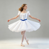 Costume de danse de ballet blanc pour filles, manches bouffantes, garniture en dentelle, corsage décoré de strass avec ceinture bleue, jupe longue en mousseline pour spectacle