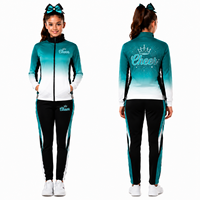 Setelan Pemanasan Cheerleading Ombre Kustom, Jaket Zip Up Lengan Panjang dan Celana, Logo Berhias Rhinestone, Berbagai Warna, Seragam Latihan