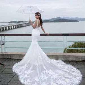 <b>White</b> Mermaid <b>Lace</b> Wedding Dress V Neck Backless Long Train Sleeveless Formal Gown For Women - Product Image 3