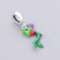 Breloques Pan Charms en argent, perles oiseau Quetzal à longue queue en émail vert, compatibles avec bracelet original, bijoux pour femme et fille, Berluque