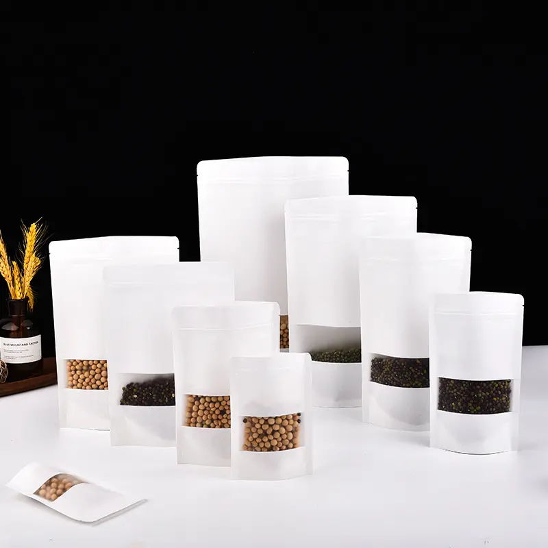 New Thickened self-sealing strip  good sealing White Kraft Paper Stand up Pouch with Window