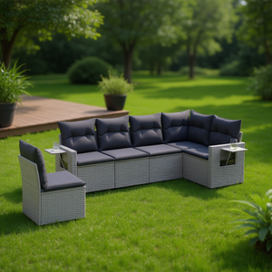 <b>Grey</b> Pe Rattan Garden Sofa Set 6 Seater Outdoor Contemporary Weather Resistant Steel <b>Frame</b> Furniture - Product Image 2
