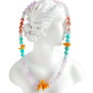 스포듀민 쿤자이트, 루틸쿼츠, 아마조나이트, 앰버, 밀키 블루 아쿠아마린 멀티 스톤 비즈 패션 목걸이 - Product Image 4