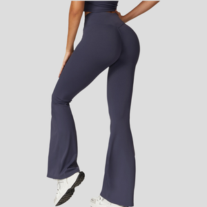 Tissu recyclable V Cross taille haute séchage rapide Yoga <span class=keywords><strong>Flare</strong></span> pantalon sport décontracté jambe large hanche ascenseur solide pantalon de Yoga en gros - Product Image 5