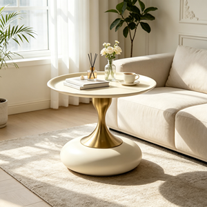 Table basse moderne de luxe, plateau en verre trempé blanc crème, base en métal doré brossé, meubles de salon - Product Image 4