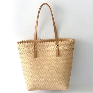 New Beige French vintage woven bamboo handle woven handbag beach retro hand Folk craft women's bag-913