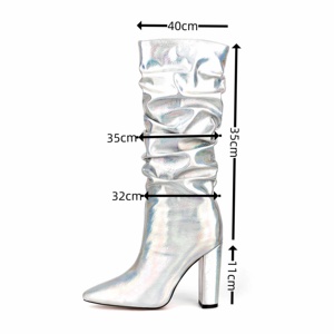 Bottes hautes pour femmes <span class=keywords><strong>tendance</strong></span> hiver <span class=keywords><strong>2023</strong></span>, plissées, argentées métallisées, imprimés animaliers, antidérapantes, en PU, mode, boîte de nuit, sexy, talon épais - Product Image 6
