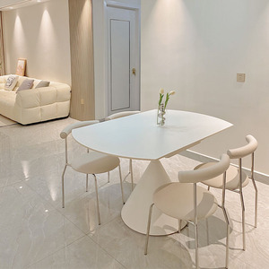 Cream Modern Dining Room Table Slate Stone Sintered Top Multifunctional Extendable Pedestal Base for Home <b>Furniture</b> Bedroom Use - Product Image 4